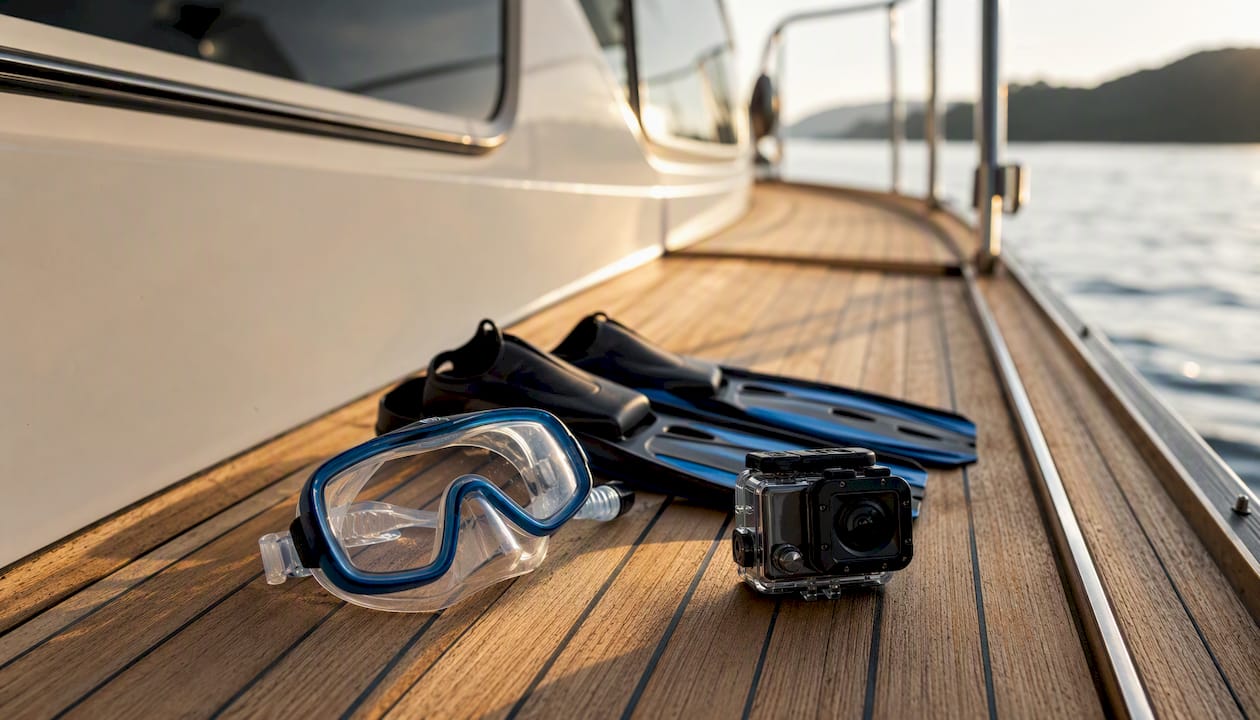 Child snorkel gear and waterproof camera on deck