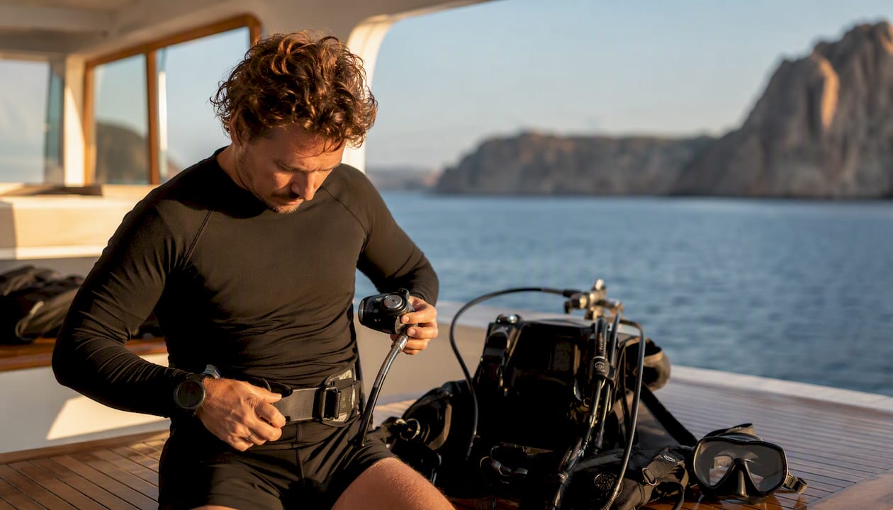 Diver adjusting gear on yacht deck in sunlight