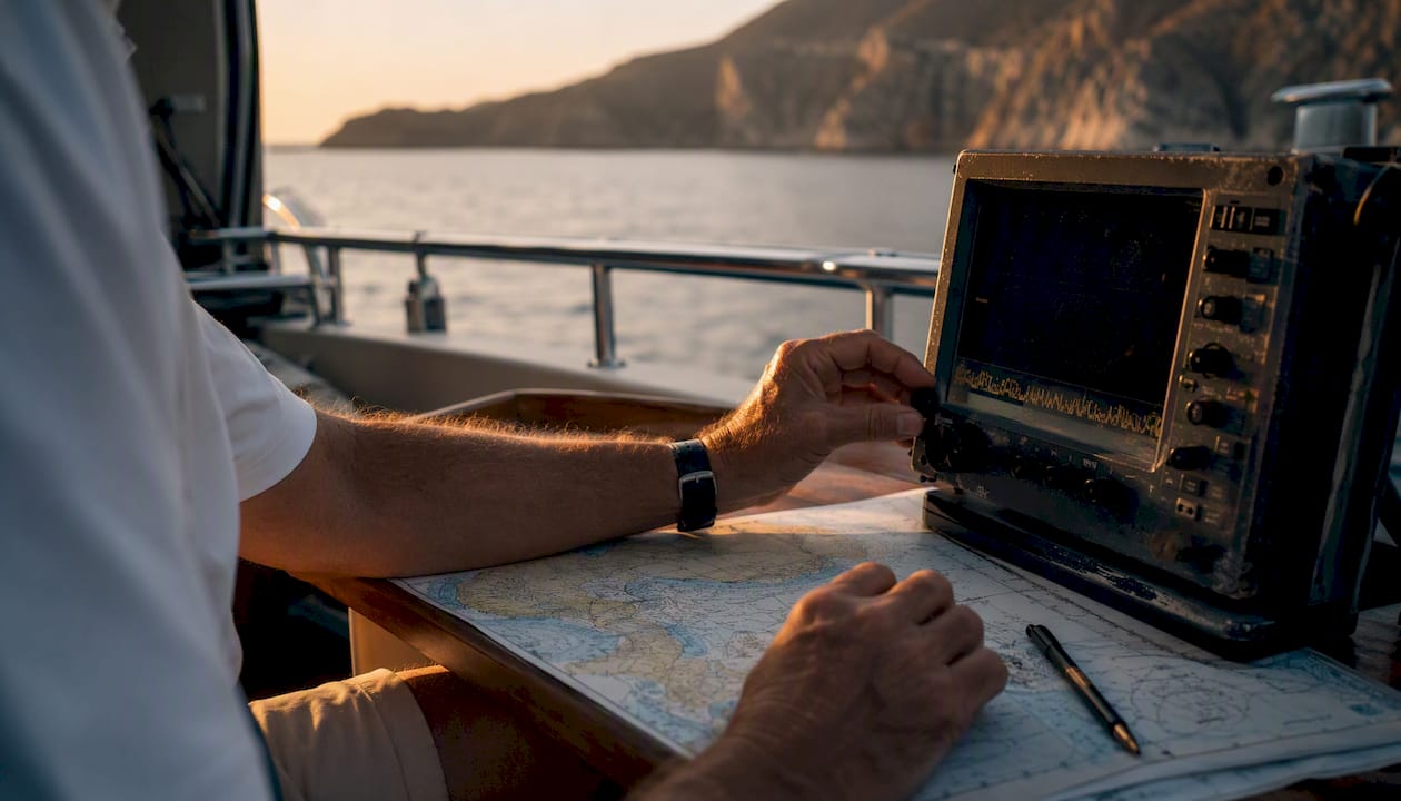Captain checking anchorage depth with sounder and chart