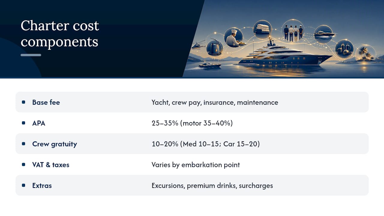 Superyacht charter cost components and percentages