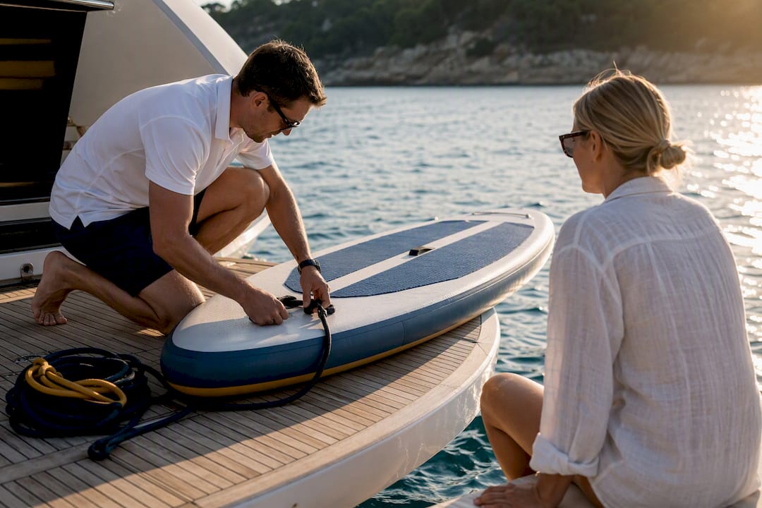 Crew member supervising paddleboard launch