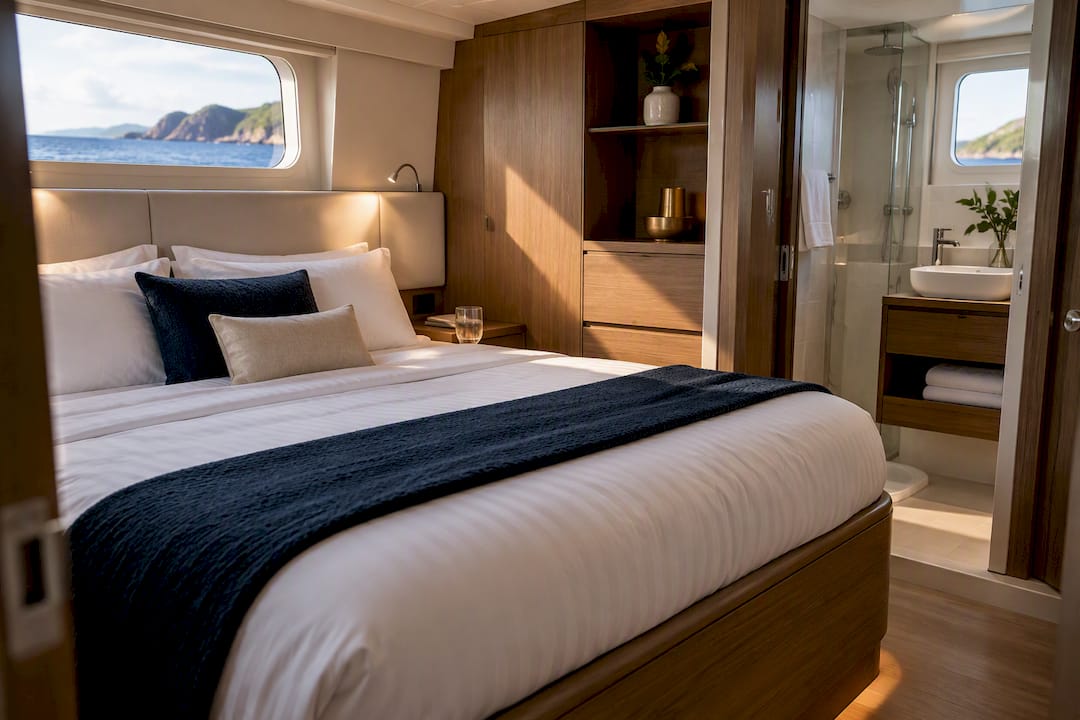 Elegant catamaran owner cabin interior