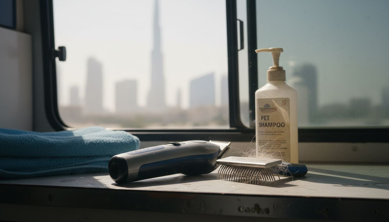 Professional pet grooming tools on van counter
