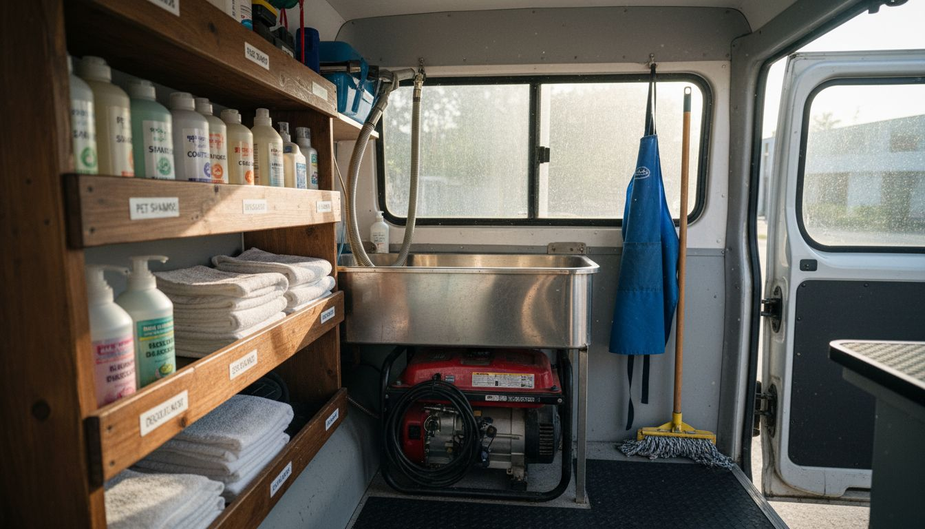 Inside view mobile pet grooming van equipment