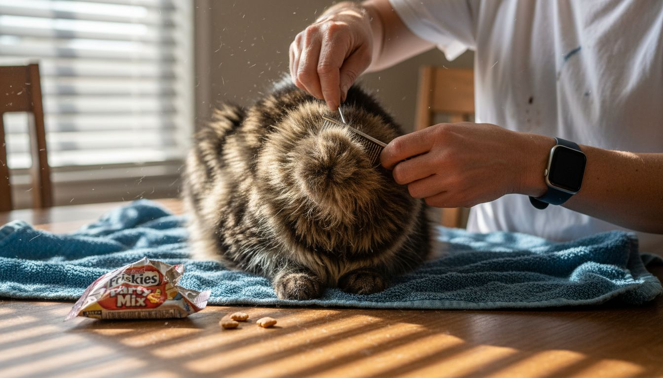 Owner gently detangling cat fur knot