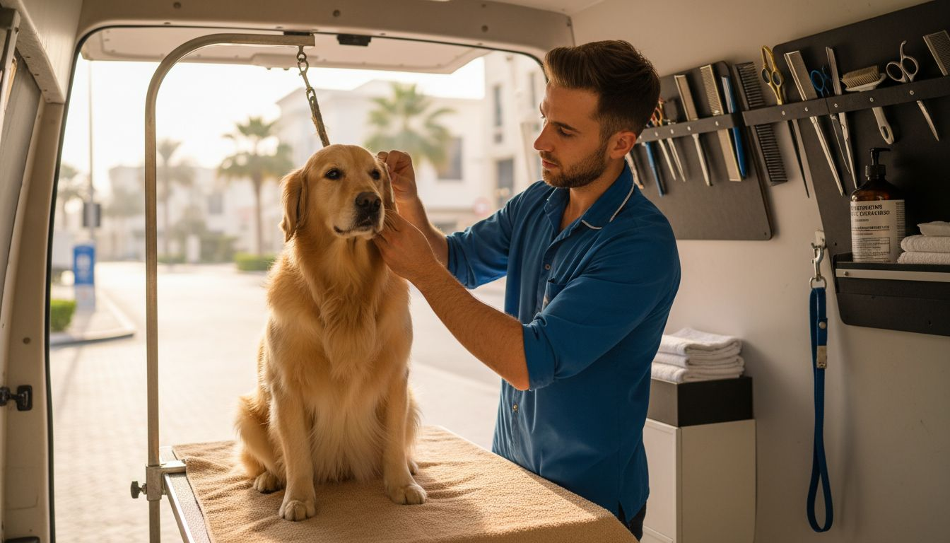 Groomer practicing safe cleaning in mobile van