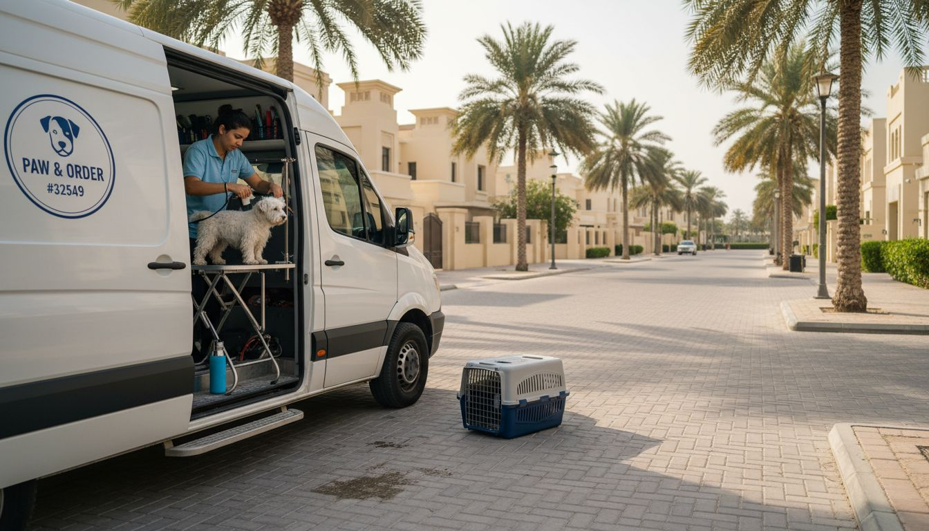 Mobile grooming van and pet in Dubai street