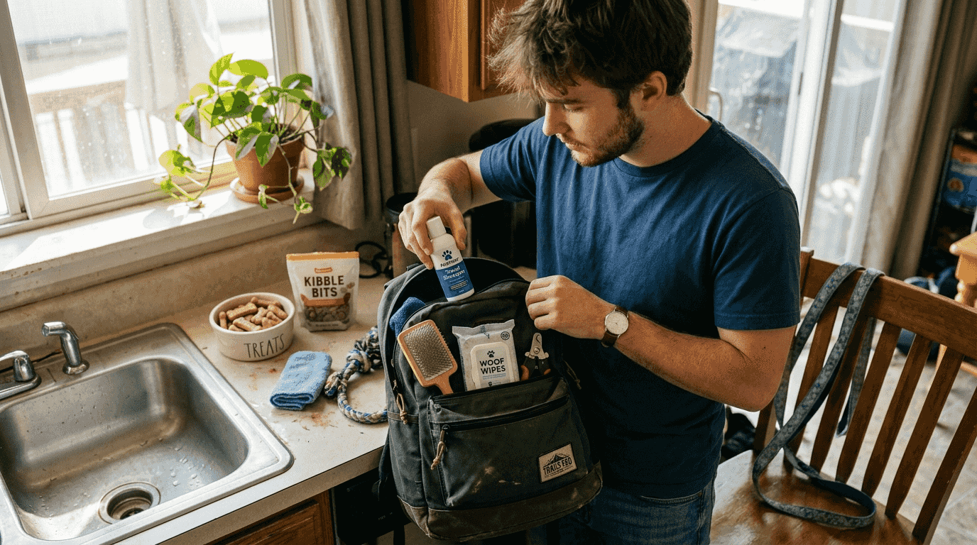 Packing pet grooming travel kit on kitchen counter
