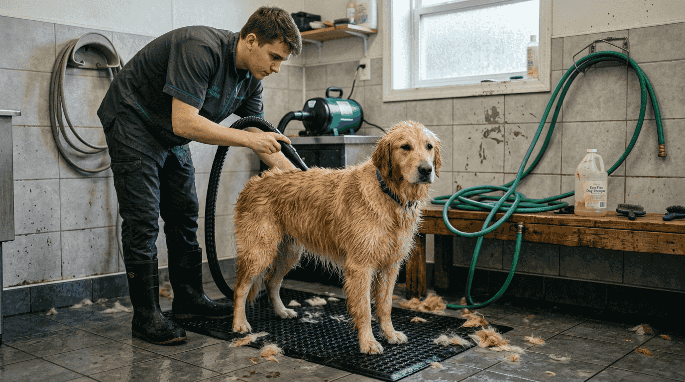 Dog groomer drying thick coated Golden Retriever
