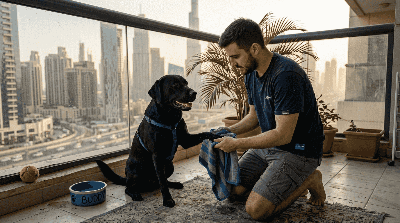 Dog getting paws cleaned on Dubai balcony