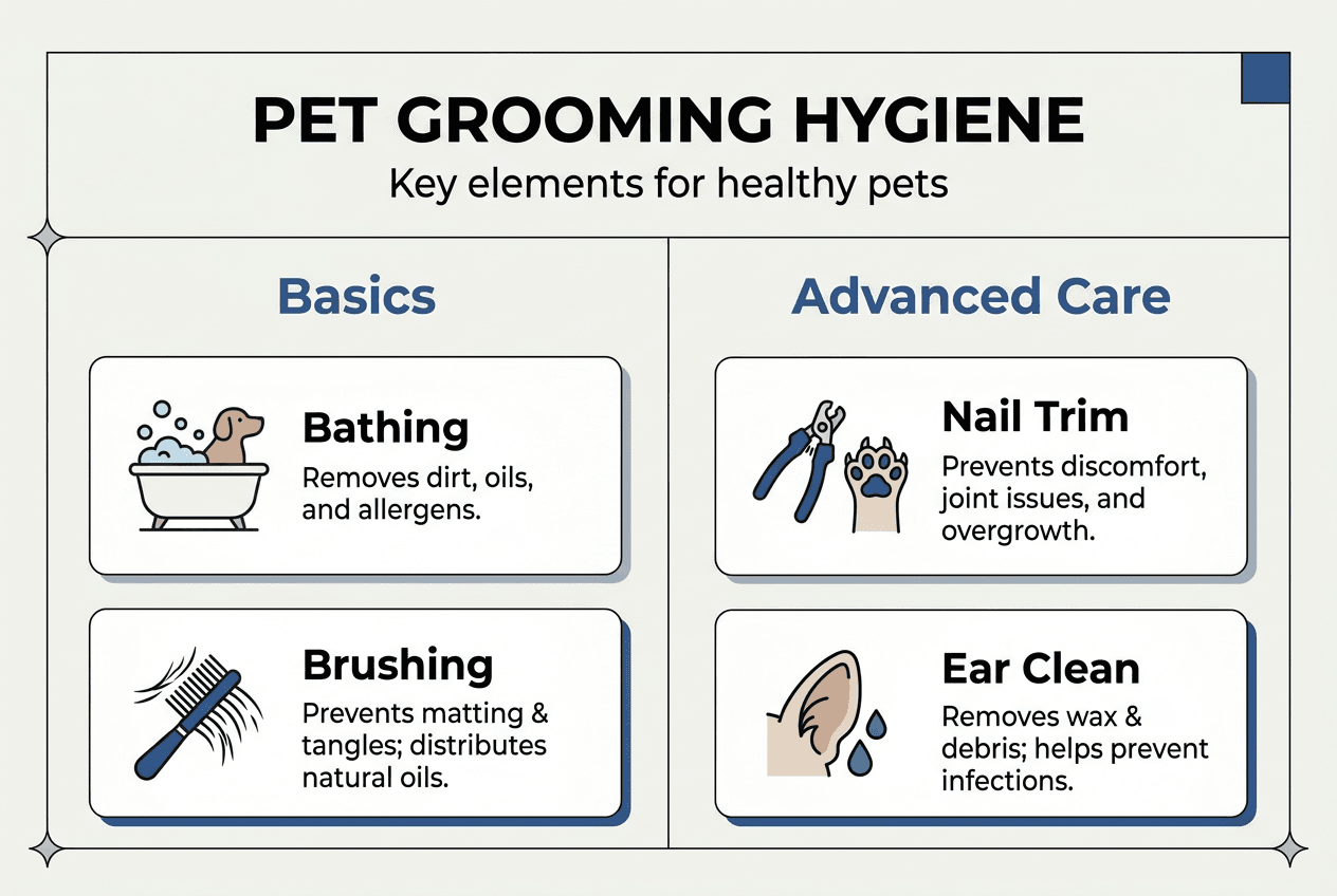 Pet grooming hygiene infographic with basics and advanced care