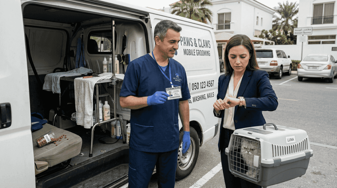 Pet groomer shares credentials with owner by van