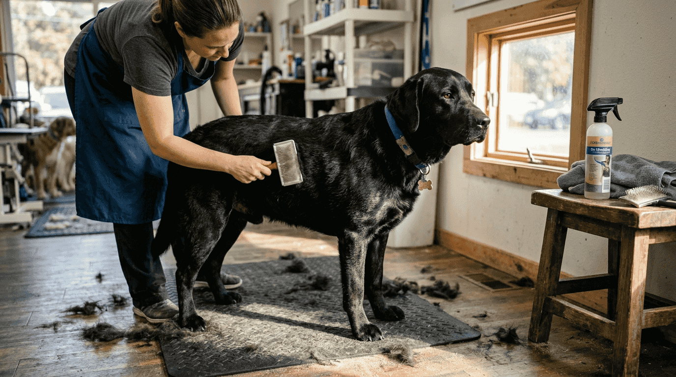 Groomer brushes Labrador’s double coat on mat