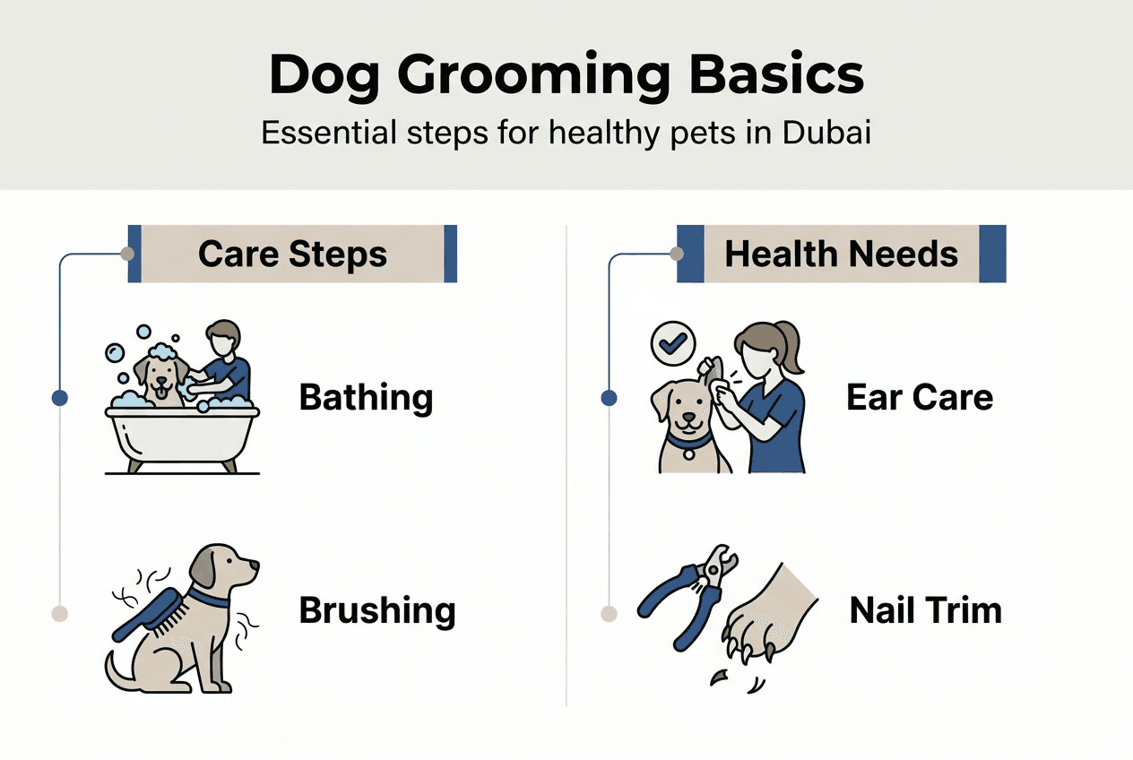 Infographic with dog grooming basic care steps
