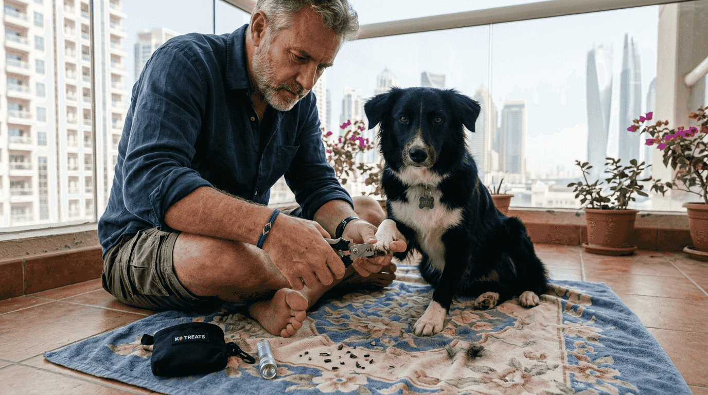 Owner trimming dog’s nails on Dubai balcony
