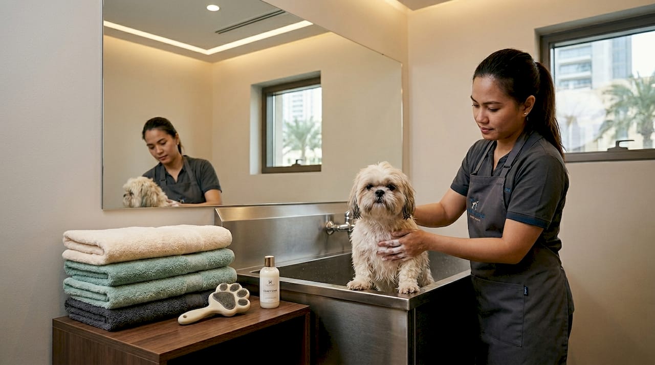 Shih Tzu luxury grooming in Dubai salon