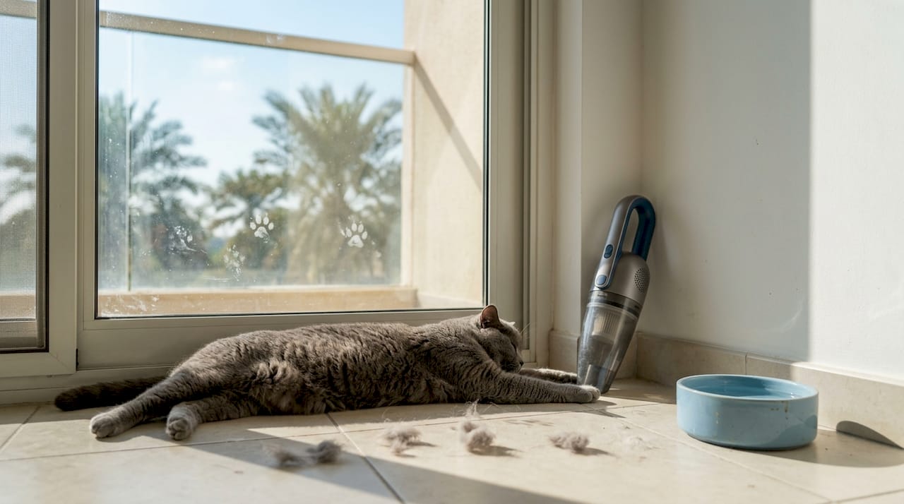 Cat on dusty floor in sunny Dubai apartment