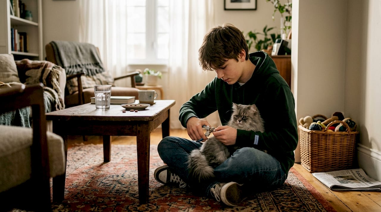Boy trims cat’s claws in lived-in room