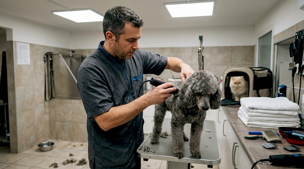 Professional groomer working on poodle and cat