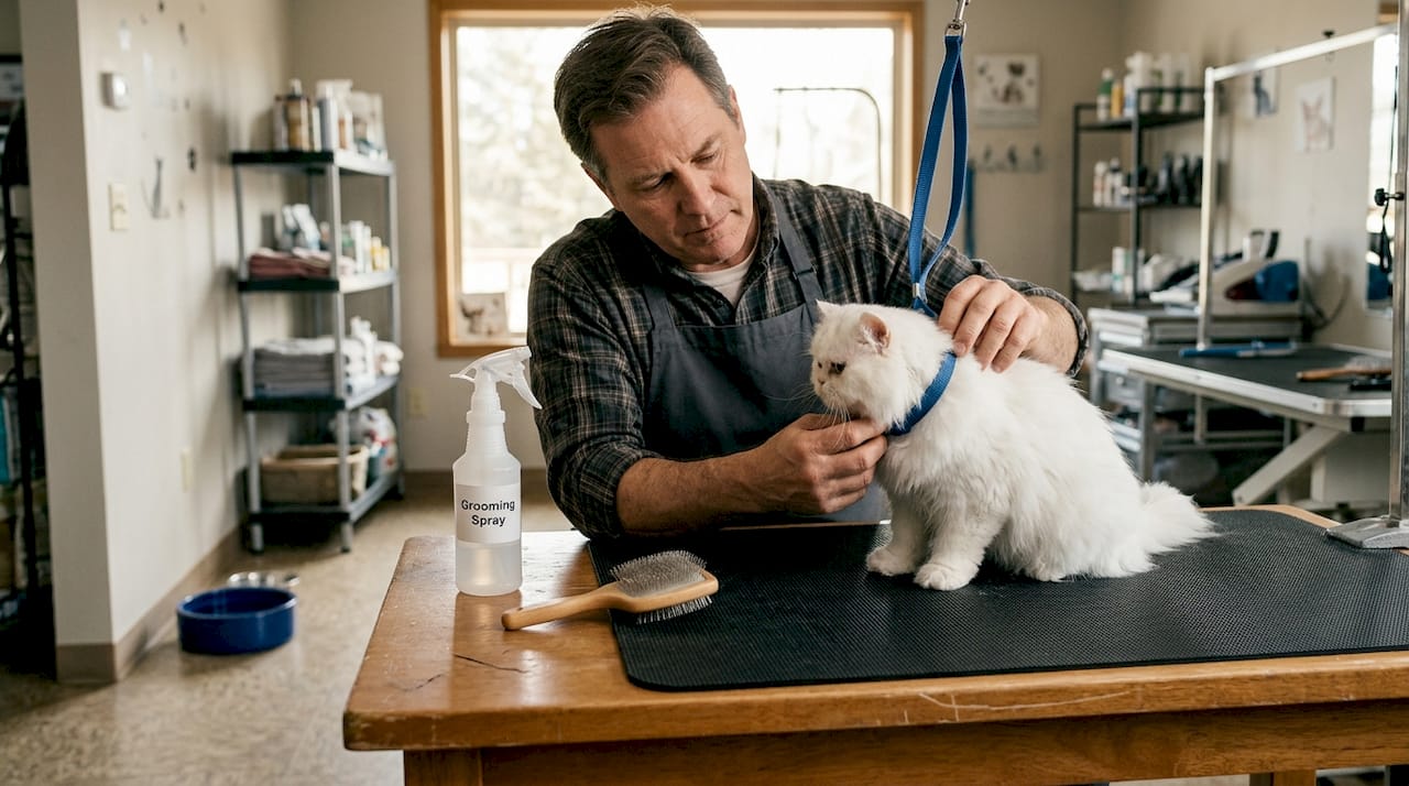 Groomer securing cat on non-slip mat