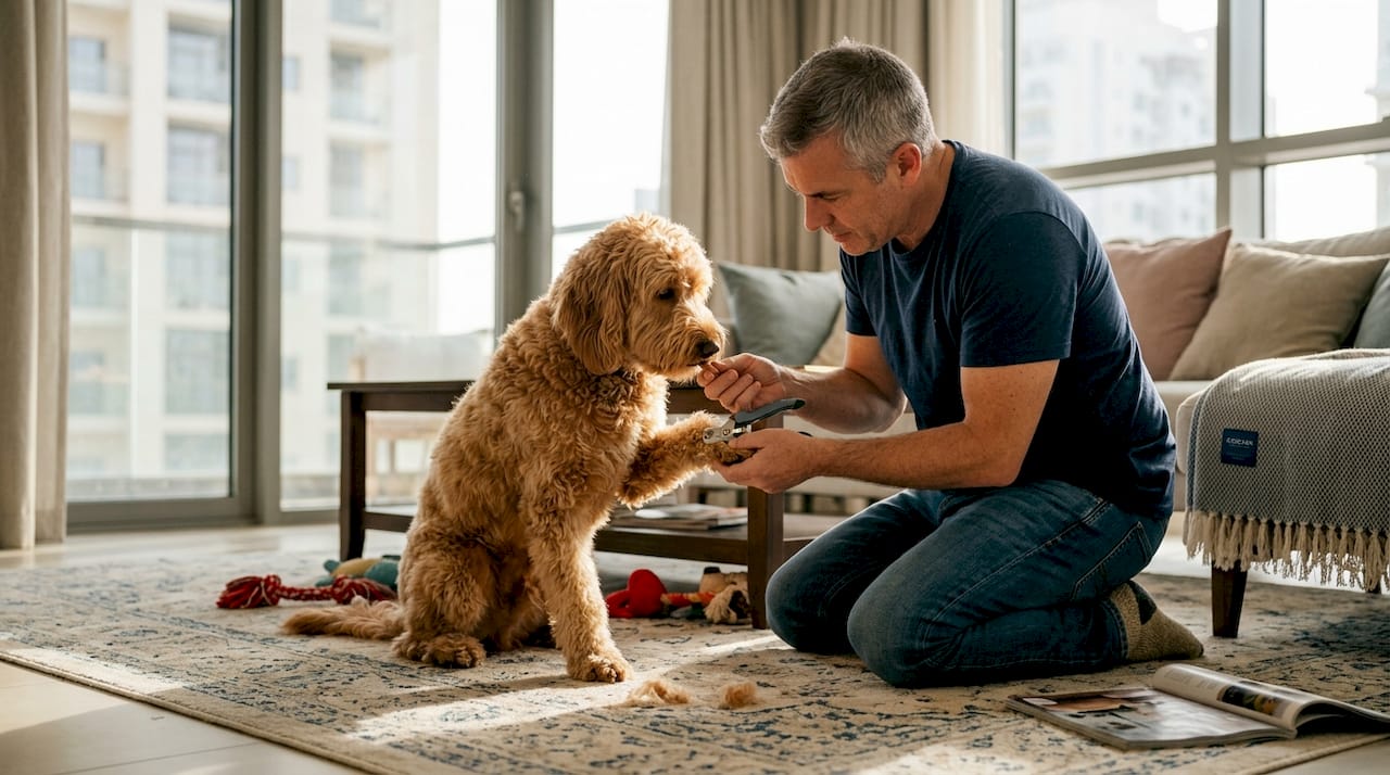 Trimming dog nails calmly in bright living room