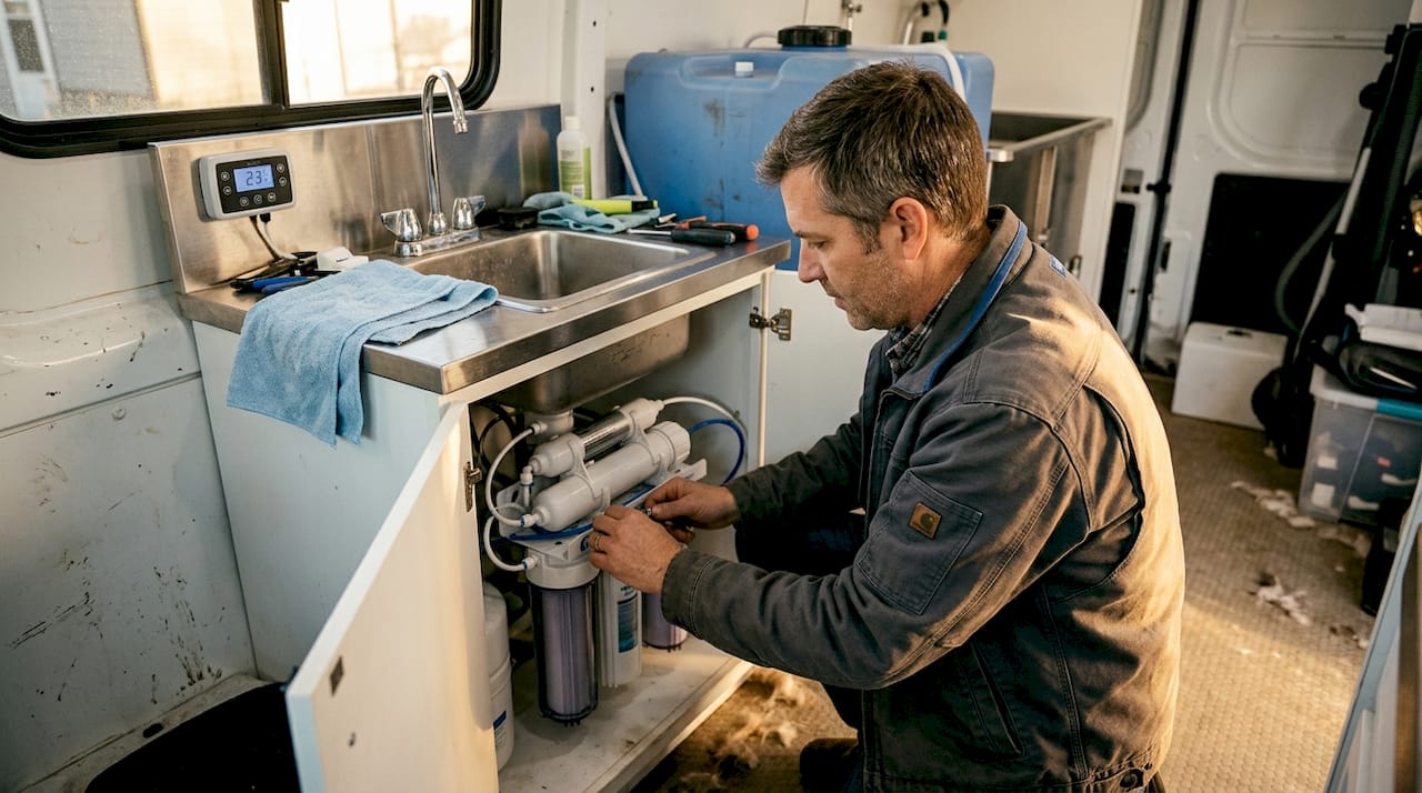 Technician checks van water filtration system