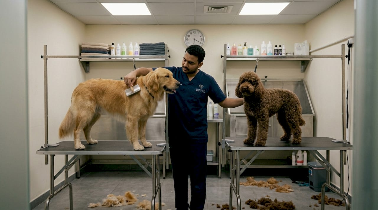 Two dogs groomed together in spa session