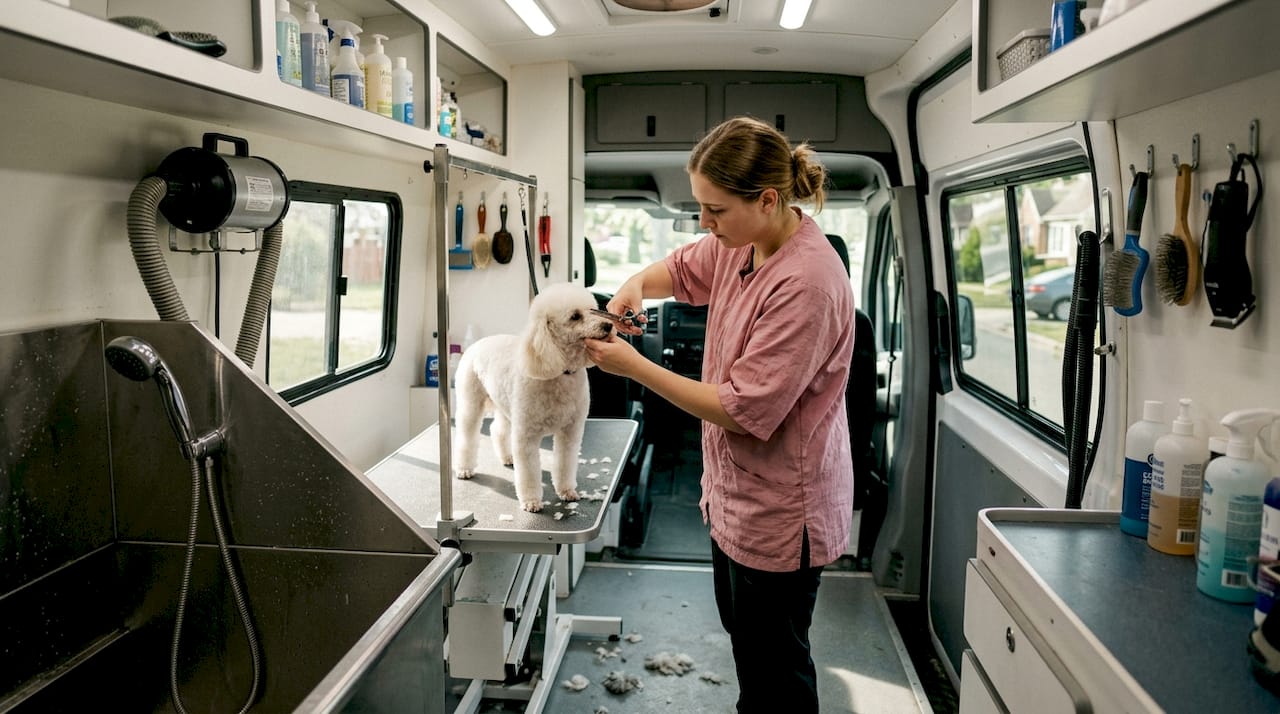 Inside pet grooming van, groomer at work
