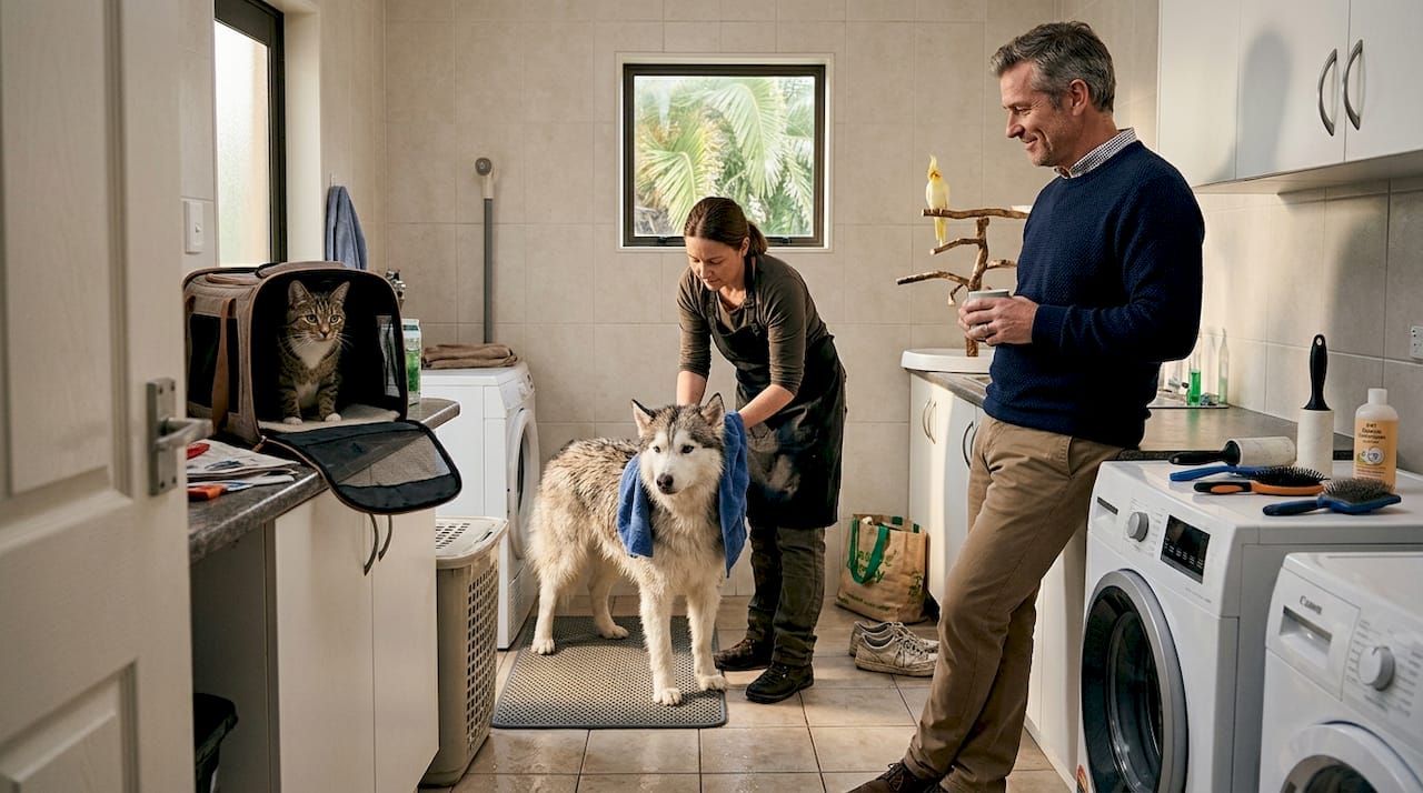 Groomer works with dog, cat, and bird present