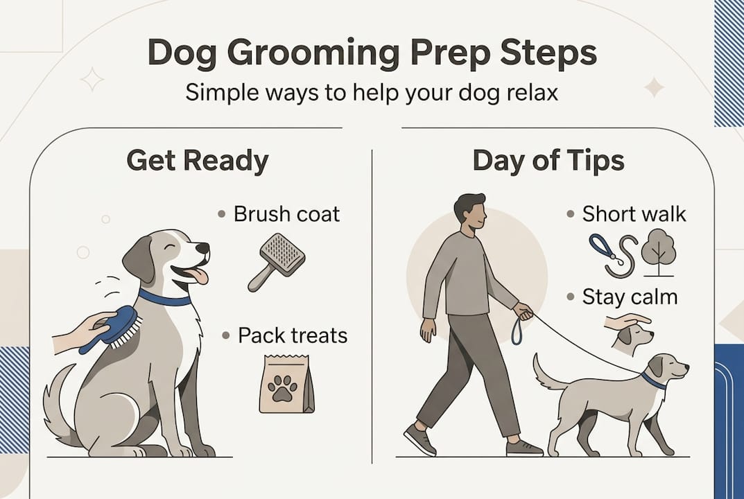 Infographic showing dog grooming preparation steps