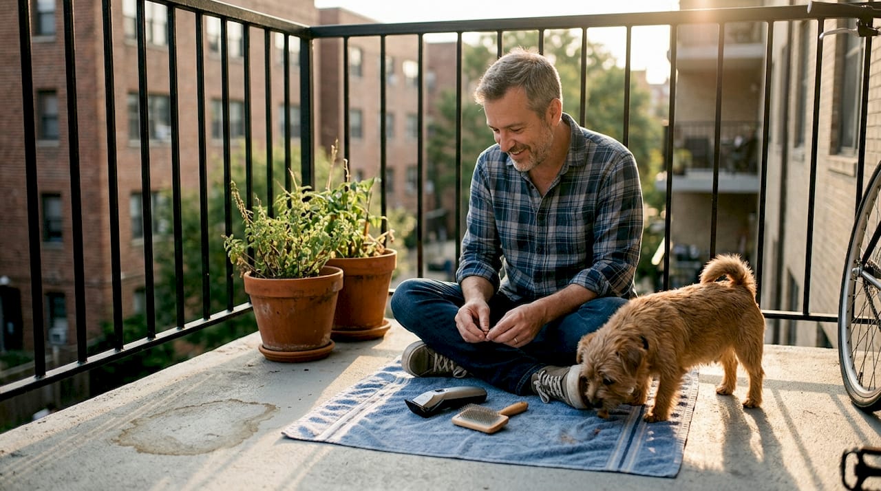 Dog inspecting grooming tools with owner