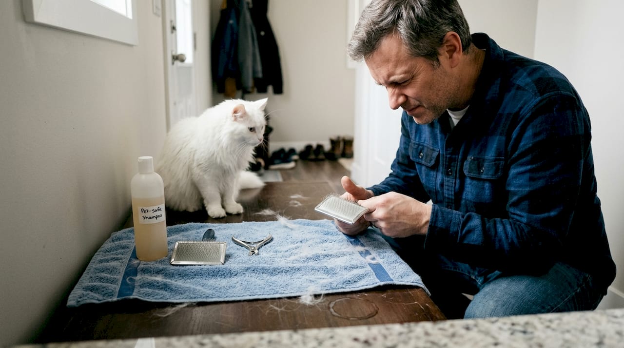 Cat grooming tools arranged on hallway bench