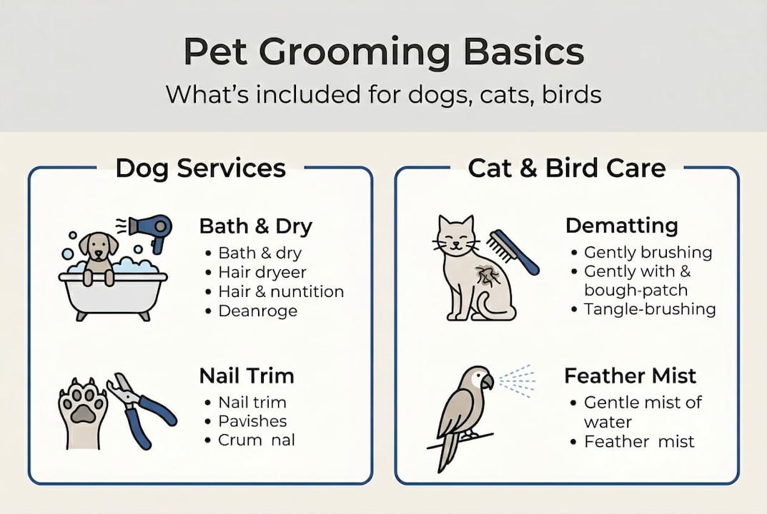 Infographic comparing dog, cat and bird grooming services