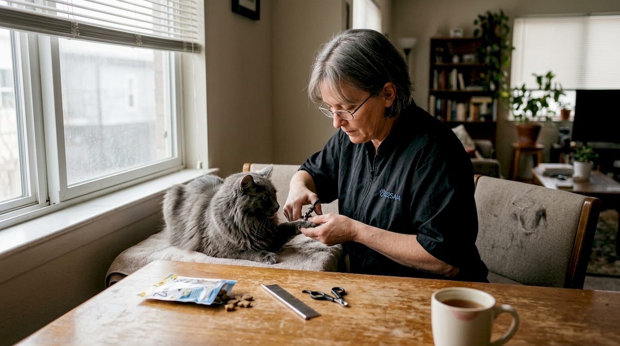 Cat groomer trimming claws at kitchen table