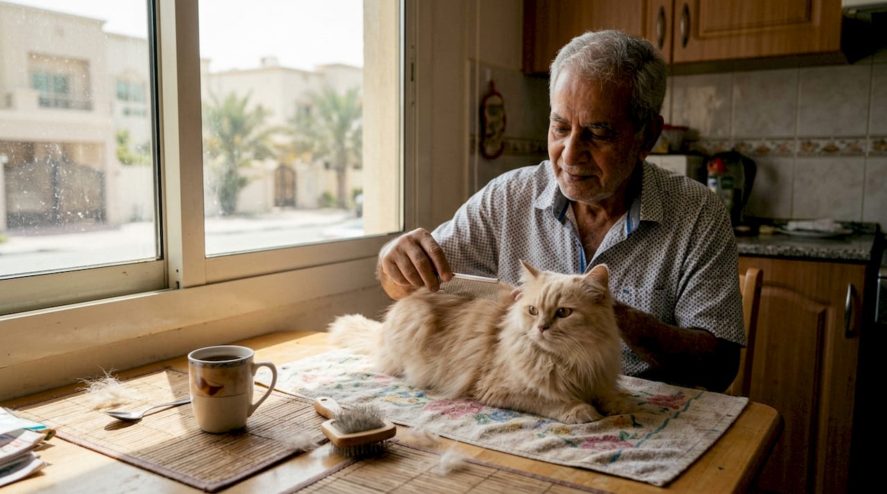 Man grooming Persian cat on kitchen table