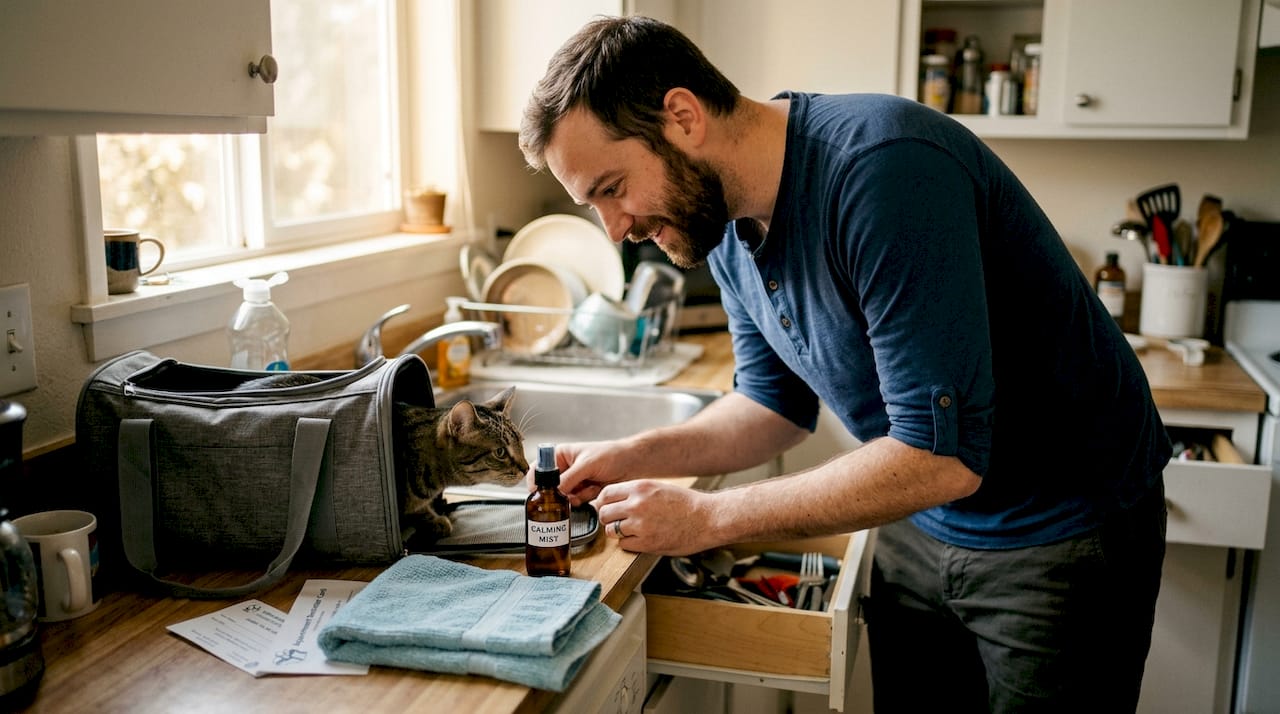 Owner preparing cat for grooming at home