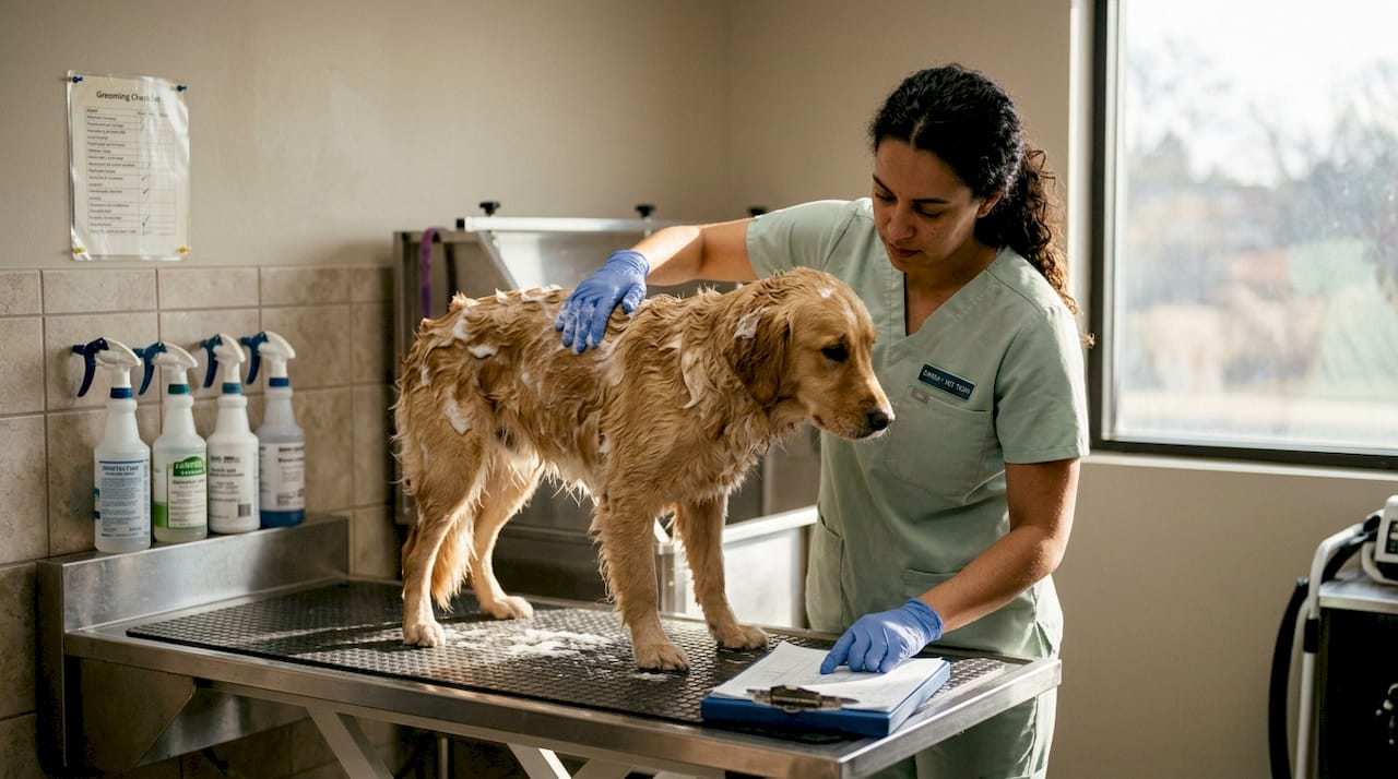 Applying medicated shampoo in clinic setting