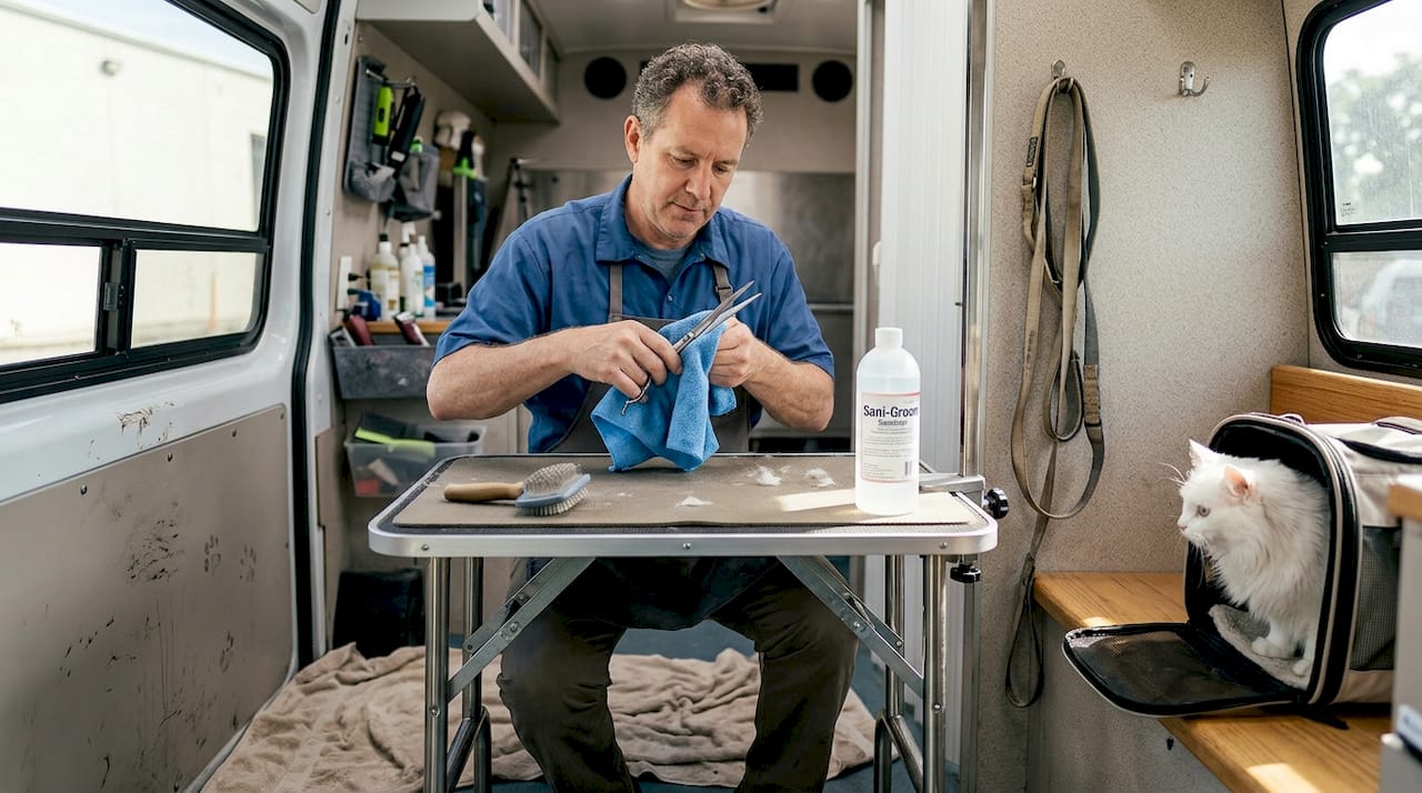 Groomer cleaning scissors between pet sessions