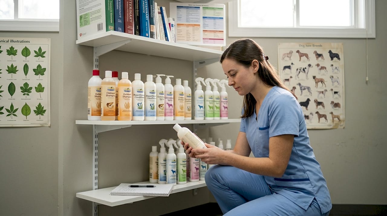 Veterinarian sorting grooming products for pets