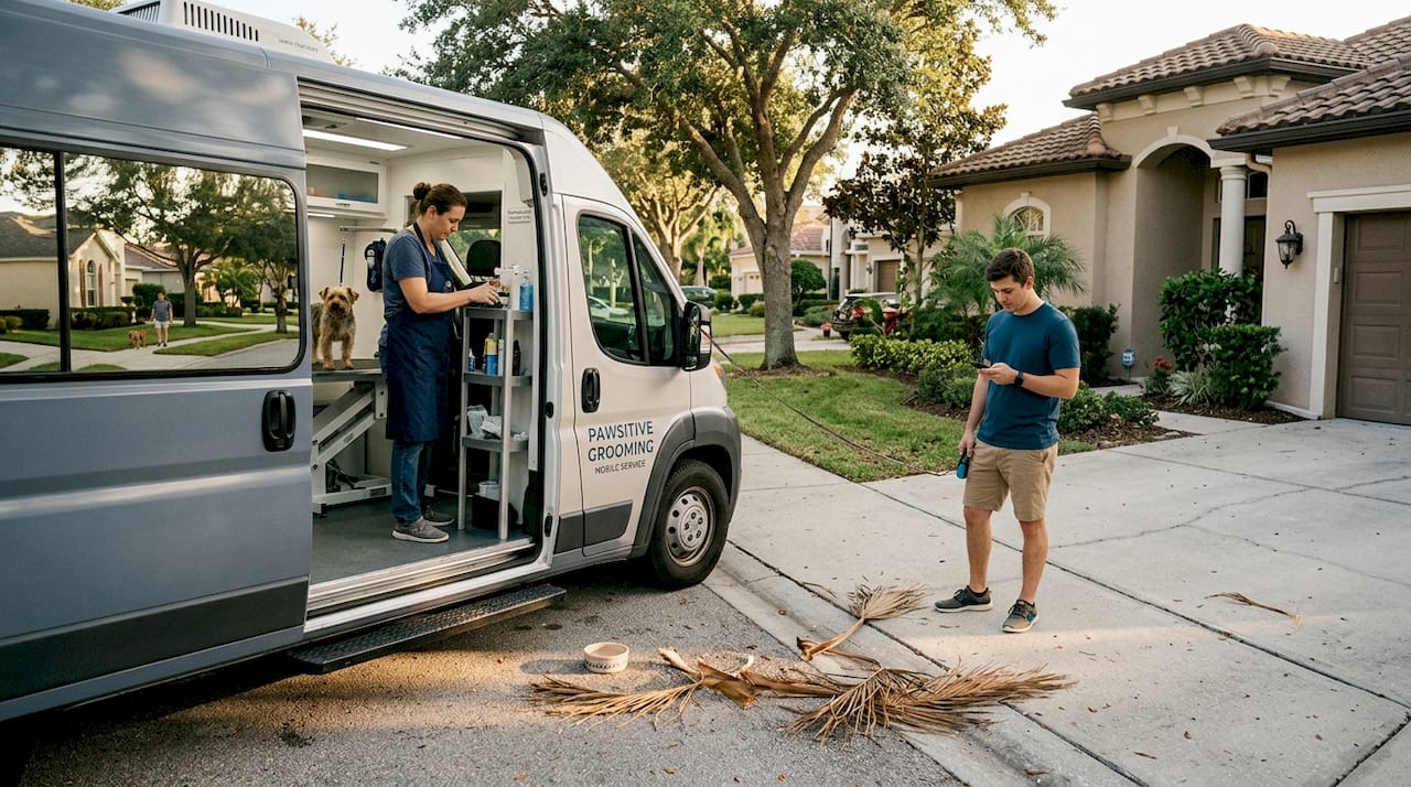 Mobile grooming van with owner at Dubai villa