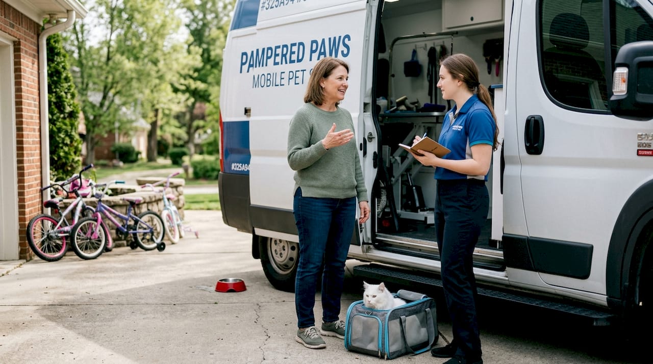Pet owner discusses grooming with mobile groomer