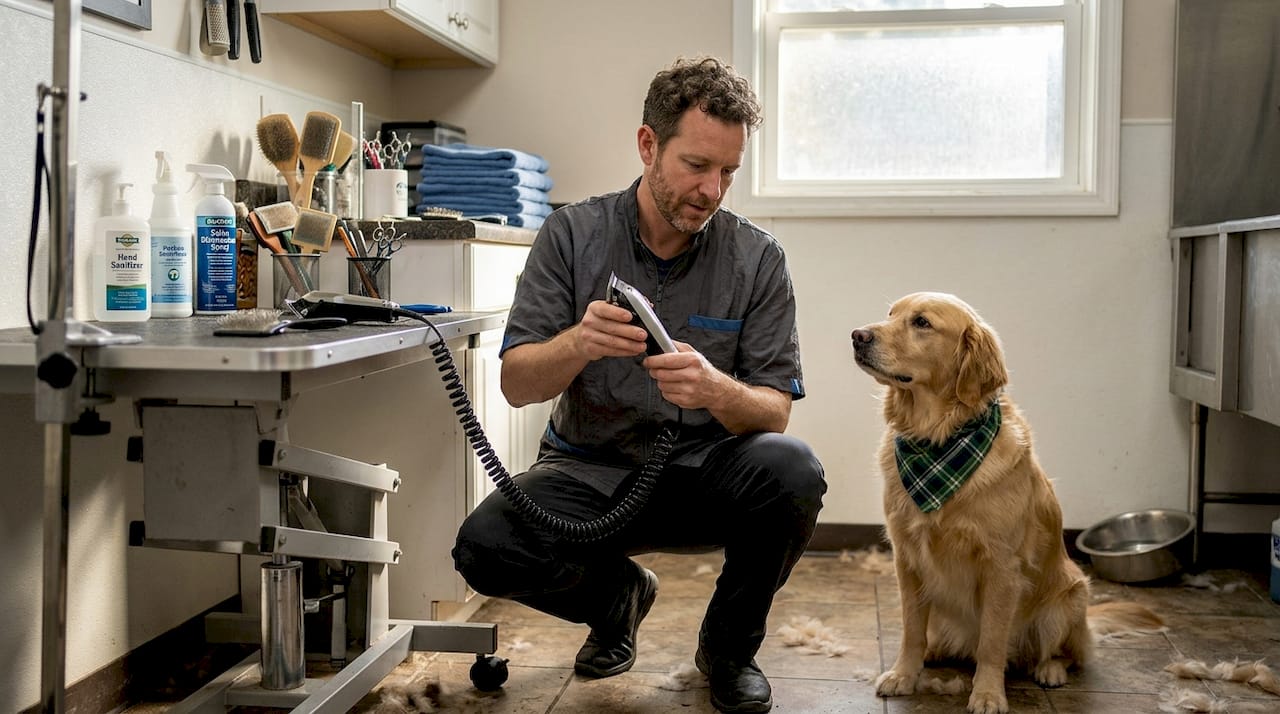 Groomer checking tools in salon prep area