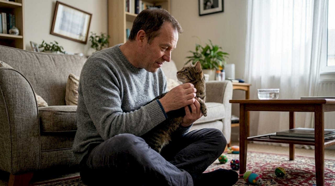 Owner comforts cat during first grooming at home