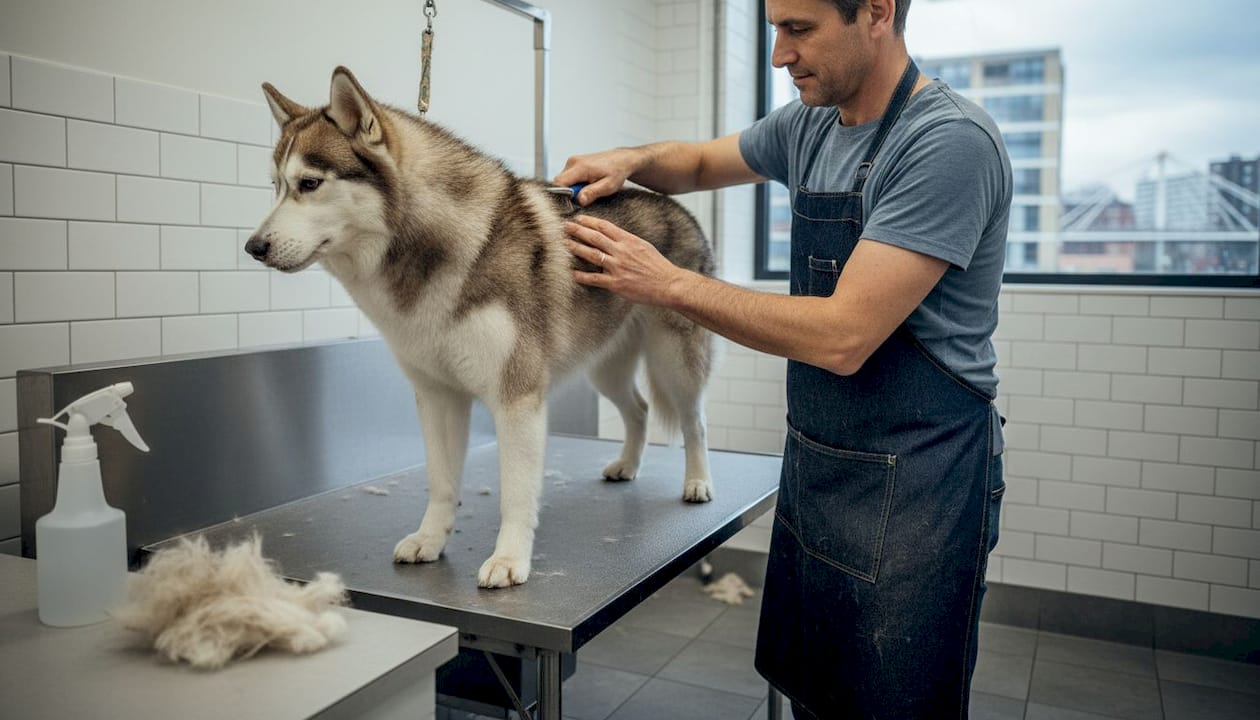 Groomer brushing double-coated husky safely