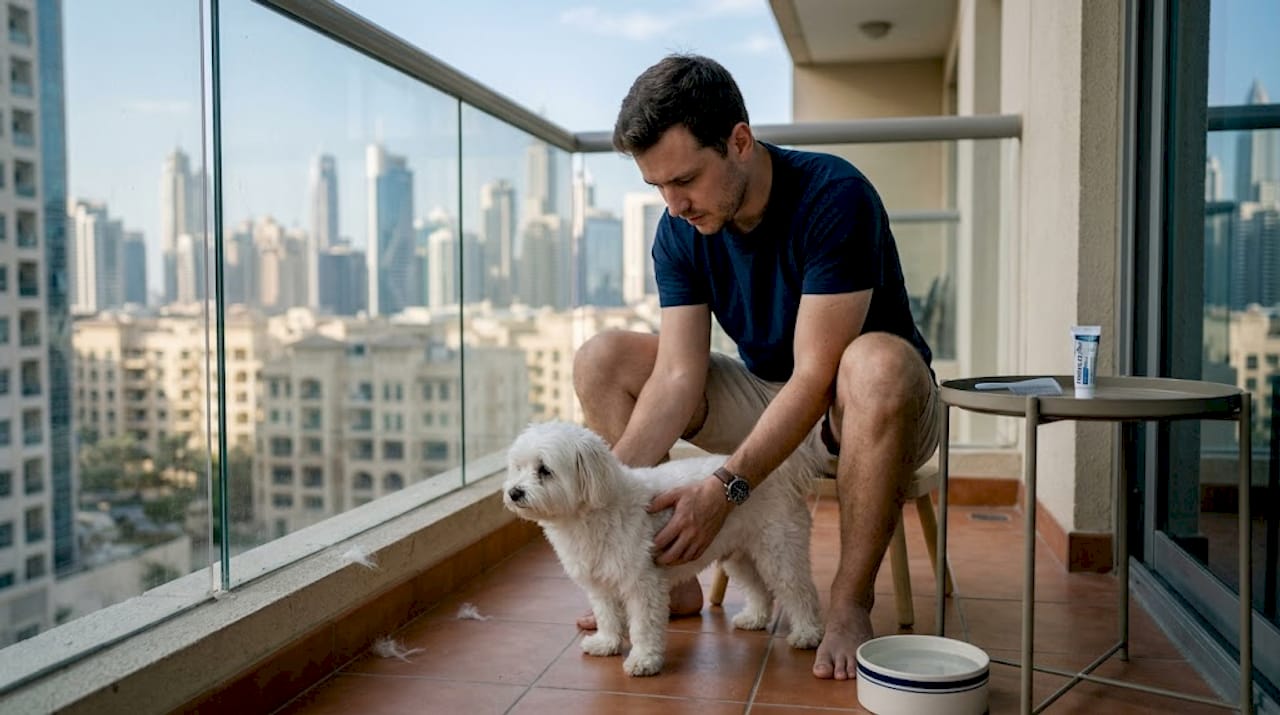 Owner checking dog for ticks on Dubai balcony