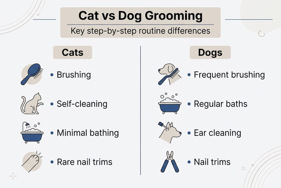 Infographic comparing cat and dog grooming routines