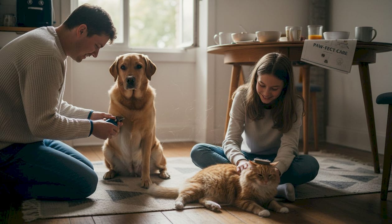 Parent and child groom dog and cat together