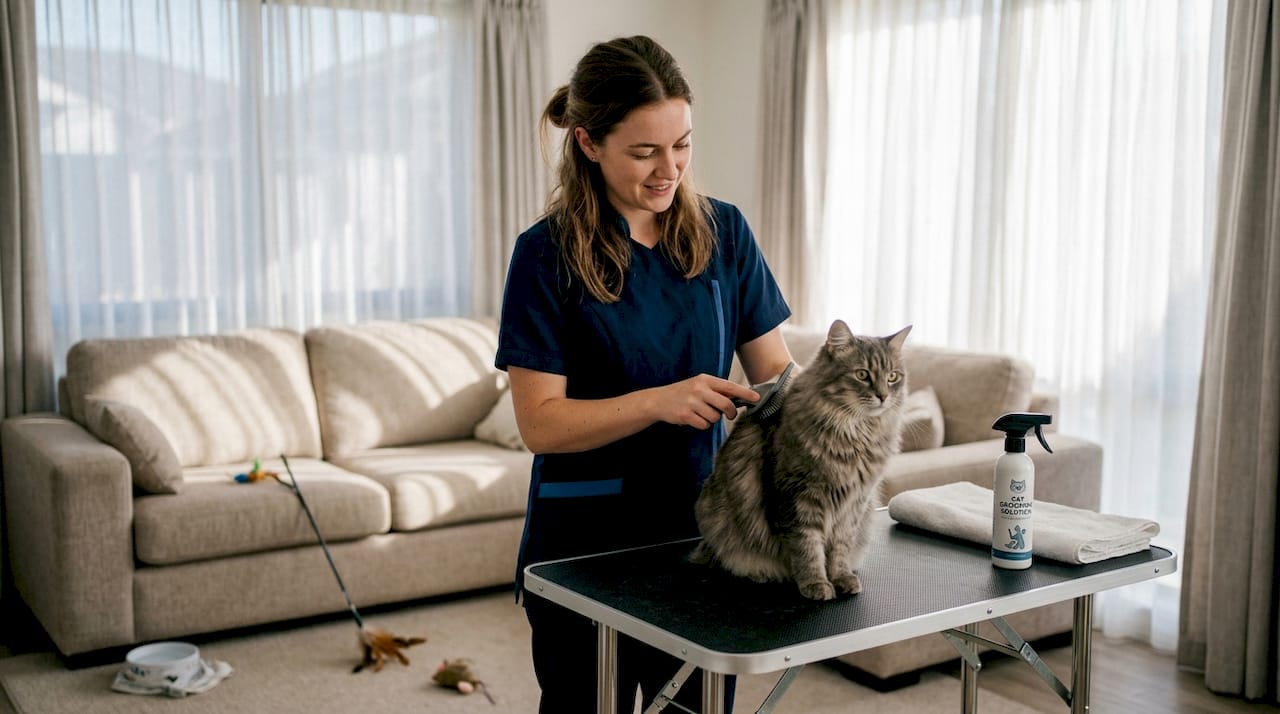 Groomer gently brushing calm cat at home