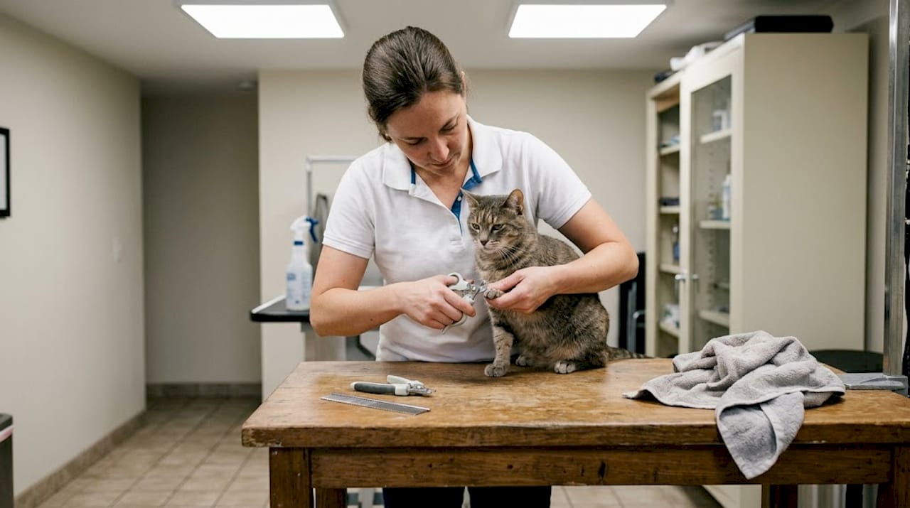 Groomer trimming cat’s nails on grooming table