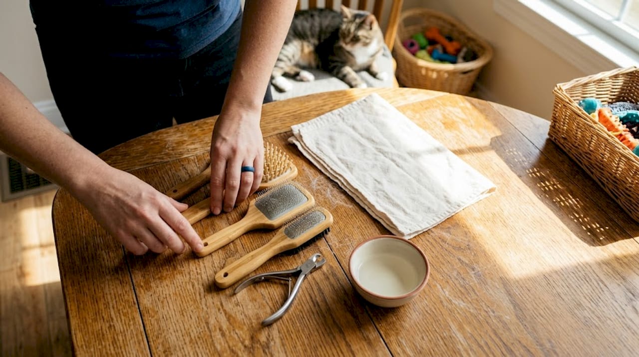 Eco-friendly grooming tools on kitchen table